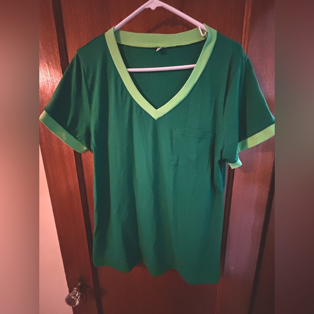 Green V-Neck T-Shirt with Light Green Trim